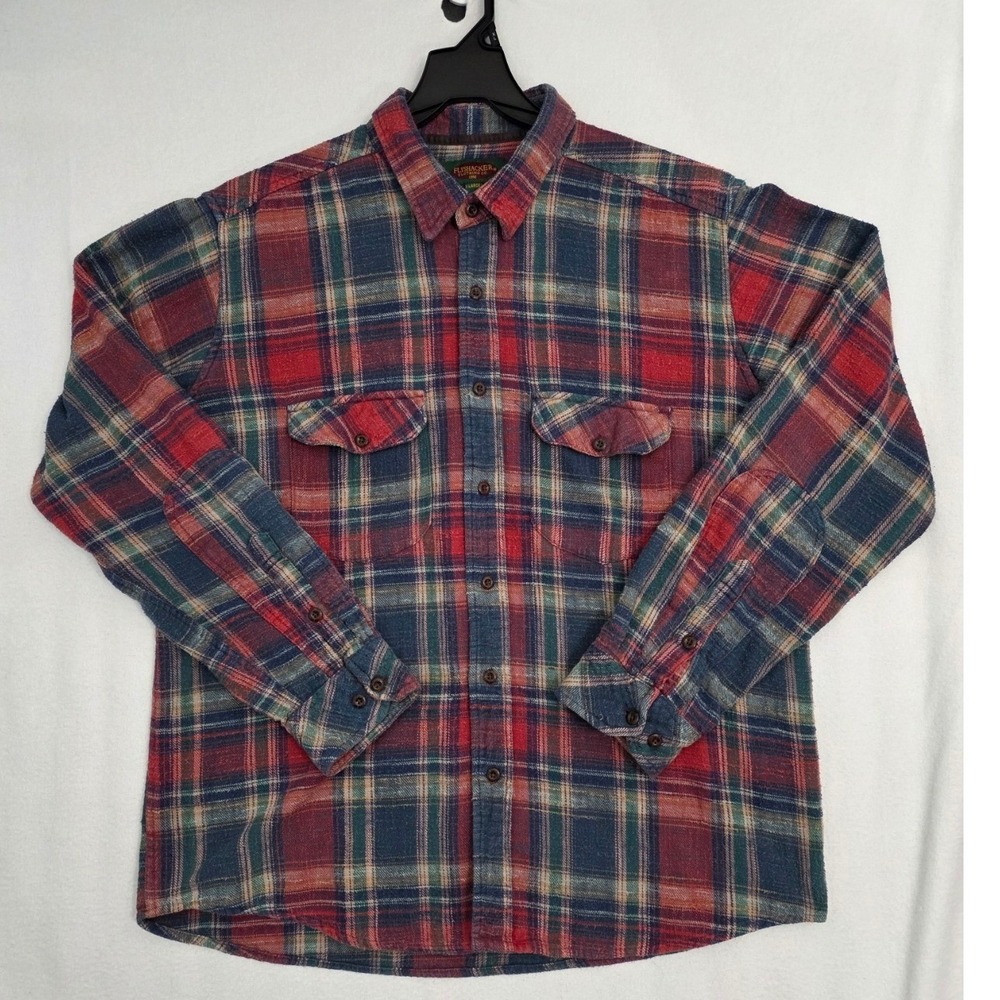 Flyshacker Flannel Shirt XL Red Blue Plaid Cotton Heavyweight Workwear Outdoor